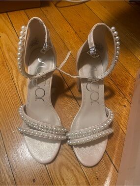 Sugar Pearl-Embellished Ivory Ankle-Strap Heels